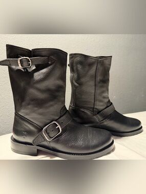 Frye Veronica Black Leather Mid-Calf Buckle Moto Boots size 8